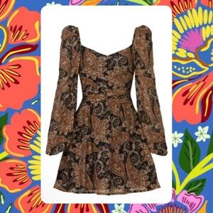 MINKPINK Black and Brown babydoll Paisley Long Sleeve mini Dress Small